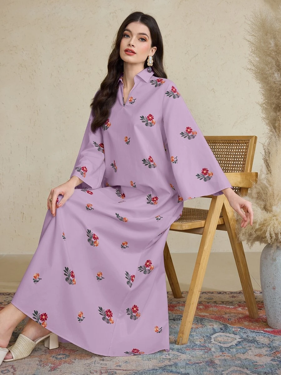Al Najma [印花設計] 女款土耳其長版阿拉伯傳統長袍洋裝 Kaftan Jalabiya - 紫色 - 查看 1