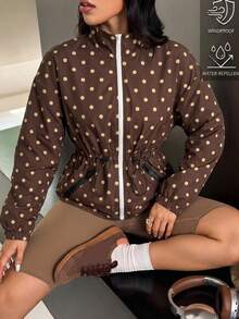 Muchica Women's Polka Dot Drawstring Stand Collar Zip Up Sports Jacket Gym Jacket Workout Jacket Running Yoga Training Sportswear Activewear Windbreaker Fall - Brown - View 2