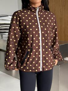 Muchica Women's Polka Dot Drawstring Stand Collar Zip Up Sports Jacket Gym Jacket Workout Jacket Running Yoga Training Sportswear Activewear Windbreaker Fall - Brown - View 6