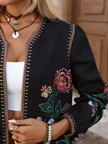 Brillora [印花設計] 黑色花卉刺繡開襟短版夾克，波希米亞風燈籠袖對比飾邊外套，適合度假旅行，女款秋冬大衣 - 黑色 - 查看 7