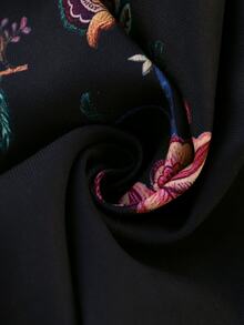 Brillora [印花設計] 黑色花卉刺繡開襟短版夾克，波希米亞風燈籠袖對比飾邊外套，適合度假旅行，女款秋冬大衣 - 黑色 - 查看 11