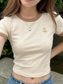 Teen Girls' Casual Minimalist Floral Embroidery Crew Neck Short Sleeve T-Shirt, Suitable For Summer - Multicolor - View 6
