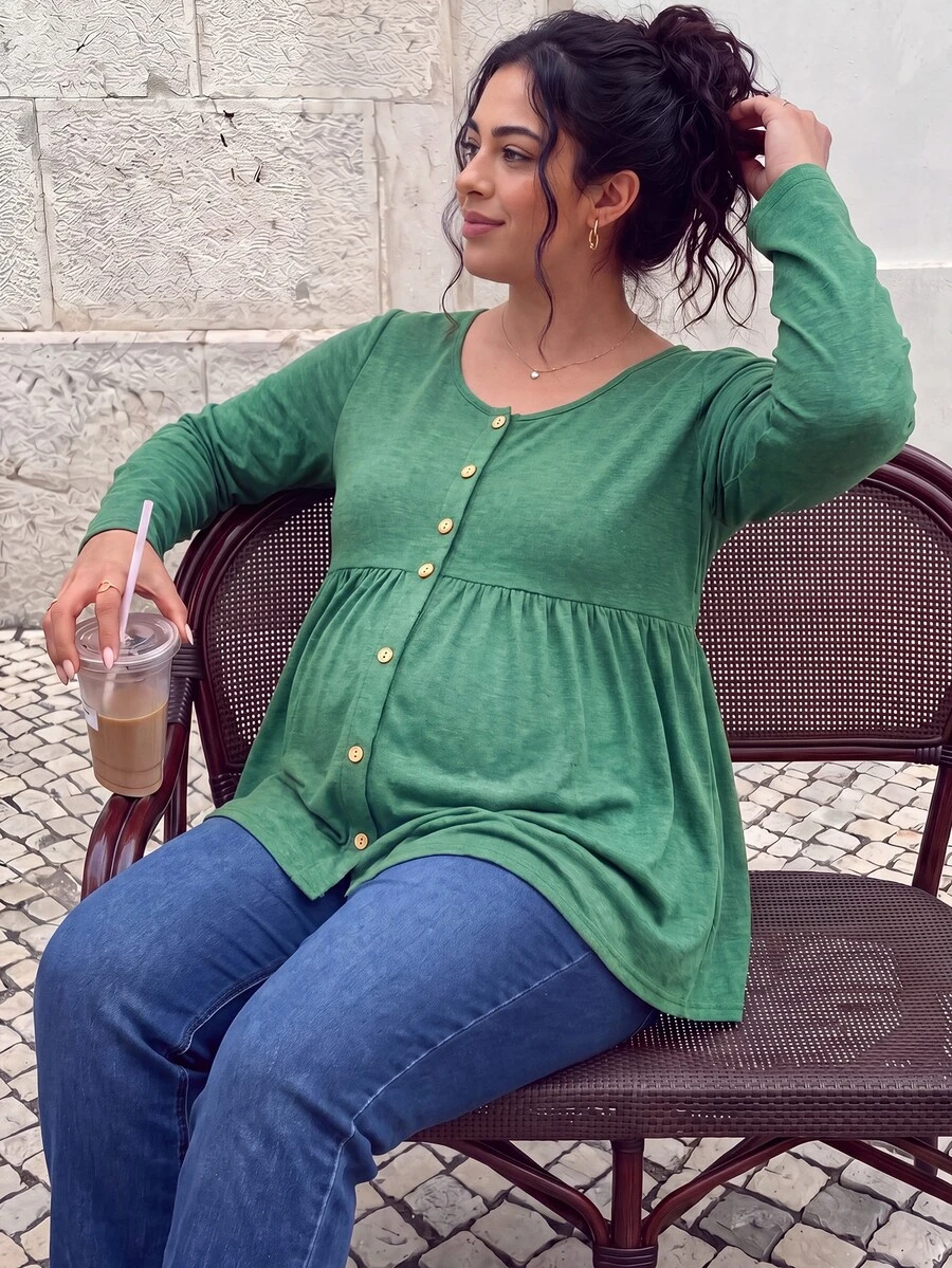 SHEIN Plus Size Comfortable Maternity Long Sleeve T-Shirt, Nursing Button-Up High Waist Belly Support Casual Top, Spring/Autumn - Army Green - View 1