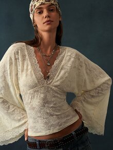 Bohemela Women's French Lace Patchwork Waist-Cinching Top For Date - White - View 7