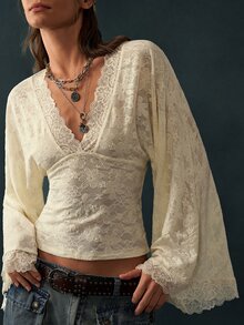 Bohemela Women's French Lace Patchwork Waist-Cinching Top For Date - White - View 3