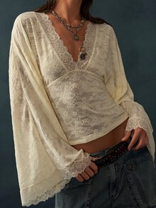 Bohemela Women's French Lace Patchwork Waist-Cinching Top For Date - White - View 1