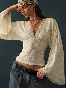 Bohemela Women's French Lace Patchwork Waist-Cinching Top For Date - White - View 2