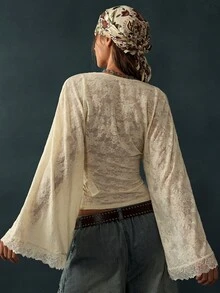 Bohemela Women's French Lace Patchwork Waist-Cinching Top For Date - White - View 6