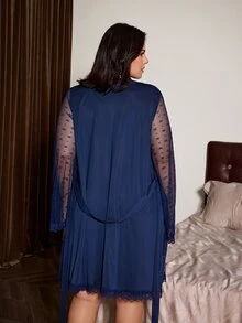 Slumberist Plus Size Women Sexy Lace Robe Set, Navy Blue Sheer Mesh See-Through Sleepwear - Navy Blue - View 2