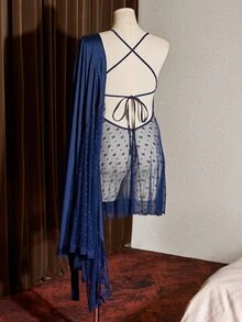 Slumberist Plus Size Women Sexy Lace Robe Set, Navy Blue Sheer Mesh See-Through Sleepwear - Navy Blue - View 7