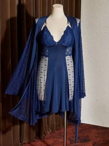 Slumberist Plus Size Women Sexy Lace Robe Set, Navy Blue Sheer Mesh See-Through Sleepwear - Navy Blue - View 6