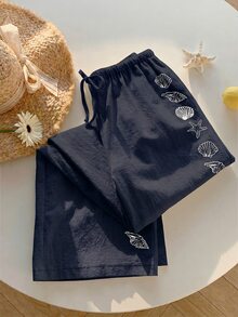 Comfortcana [Printed Design] Women's Summer Drawstring Waist Starfish & Shell Print Casual Wide Leg Pants, Versatile Daily Wear, Spring, Navy Blue - Navy Blue - View 4