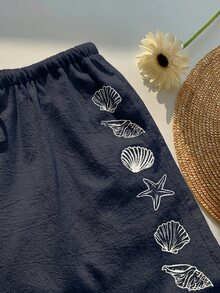 Comfortcana [Printed Design] Women's Summer Drawstring Waist Starfish & Shell Print Casual Wide Leg Pants, Versatile Daily Wear, Spring, Navy Blue - Navy Blue - View 3