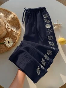 Comfortcana [Printed Design] Women's Summer Drawstring Waist Starfish & Shell Print Casual Wide Leg Pants, Versatile Daily Wear, Spring, Navy Blue - Navy Blue - View 6