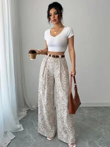 SHEIN Elenzya 【印花設計】米色夏季優雅早午餐度假款高腰寬褲，復古寬腿長褲，適合上班、畢業典禮、音樂節、賽馬賽 - 彩色 - 查看 3