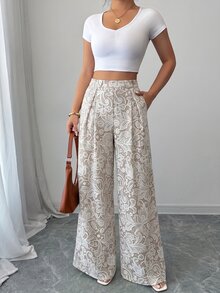 SHEIN Elenzya 【印花設計】米色夏季優雅早午餐度假款高腰寬褲，復古寬腿長褲，適合上班、畢業典禮、音樂節、賽馬賽 - 彩色 - 查看 5