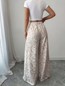 SHEIN Elenzya 【印花設計】米色夏季優雅早午餐度假款高腰寬褲，復古寬腿長褲，適合上班、畢業典禮、音樂節、賽馬賽 - 彩色 - 查看 8