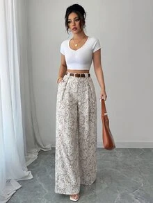 SHEIN Elenzya 【印花設計】米色夏季優雅早午餐度假款高腰寬褲，復古寬腿長褲，適合上班、畢業典禮、音樂節、賽馬賽 - 彩色 - 查看 4