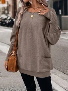 SHEIN LUNE Dual Pocket Batwing Sleeve Pocket Patched Sweater,Long Sleeve Tops Knit Pullover Fall Winter Sweater - Brown - View 6
