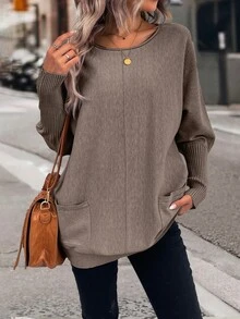 SHEIN LUNE Dual Pocket Batwing Sleeve Pocket Patched Sweater,Long Sleeve Tops Knit Pullover Fall Winter Sweater - Brown - View 8