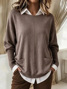 SHEIN LUNE Dual Pocket Batwing Sleeve Pocket Patched Sweater,Long Sleeve Tops Knit Pullover Fall Winter Sweater - Brown - View 3