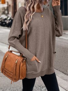 SHEIN LUNE Dual Pocket Batwing Sleeve Pocket Patched Sweater,Long Sleeve Tops Knit Pullover Fall Winter Sweater - Brown - View 4