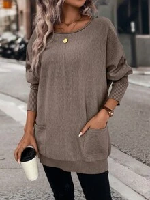 SHEIN LUNE Dual Pocket Batwing Sleeve Pocket Patched Sweater,Long Sleeve Tops Knit Pullover Fall Winter Sweater - Brown - View 5