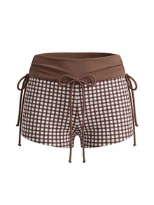 SHEIN Swim New Spring/Summer Plaid Print Women's 2 Pieces Swimsuit, Elegant Casual Beach Vacation Swimwear Set - Brown - View 8