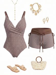 SHEIN Swim New Spring/Summer Plaid Print Women's 2 Pieces Swimsuit, Elegant Casual Beach Vacation Swimwear Set - Brown - View 6