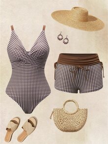 SHEIN Swim New Spring/Summer Plaid Print Women's 2 Pieces Swimsuit, Elegant Casual Beach Vacation Swimwear Set - Brown - View 10