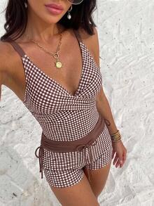 SHEIN Swim New Spring/Summer Plaid Print Women's 2 Pieces Swimsuit, Elegant Casual Beach Vacation Swimwear Set - Brown - View 3