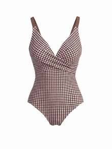 SHEIN Swim New Spring/Summer Plaid Print Women's 2 Pieces Swimsuit, Elegant Casual Beach Vacation Swimwear Set - Brown - View 7