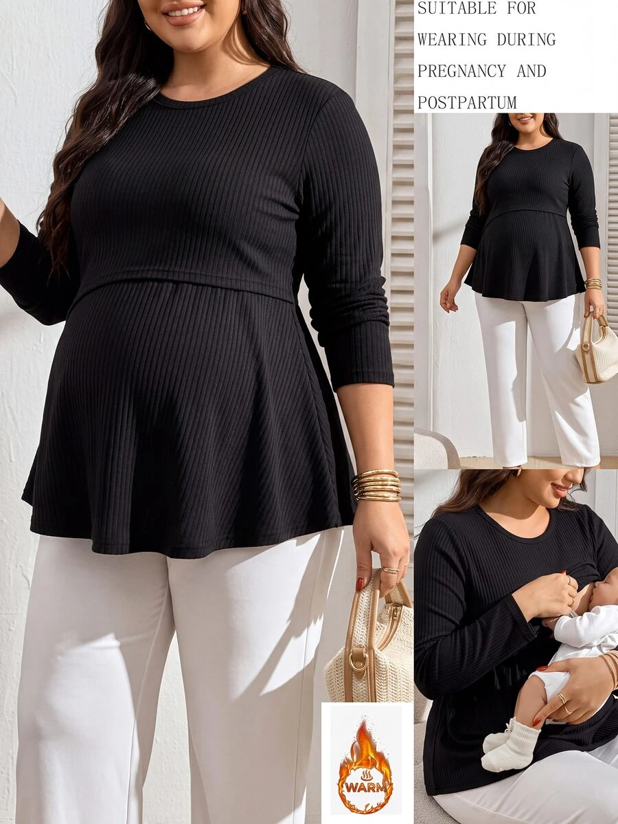 SHEIN Atasan Rajut Bergaris Hitam Pas Badan Kasual Nyaman Minimalis Ukuran Plus untuk Ibu Hamil, Cocok untuk Musim Gugur - Hitam - View 1
