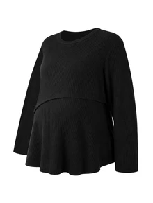 SHEIN Atasan Rajut Bergaris Hitam Pas Badan Kasual Nyaman Minimalis Ukuran Plus untuk Ibu Hamil, Cocok untuk Musim Gugur - Hitam - View 4