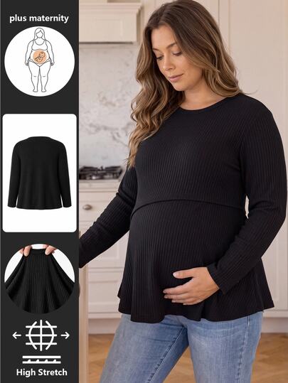 SHEIN เสื้อท็อปถักริบสีดำเข้ารูป แขนยาว คอกลม สำหรับคุณแม่ตั้งครรภ์ไซส์ใหญ่ สไตล์ลำลอง สบาย มินิมอล พร้อมช่องให้นมด้านหน้า