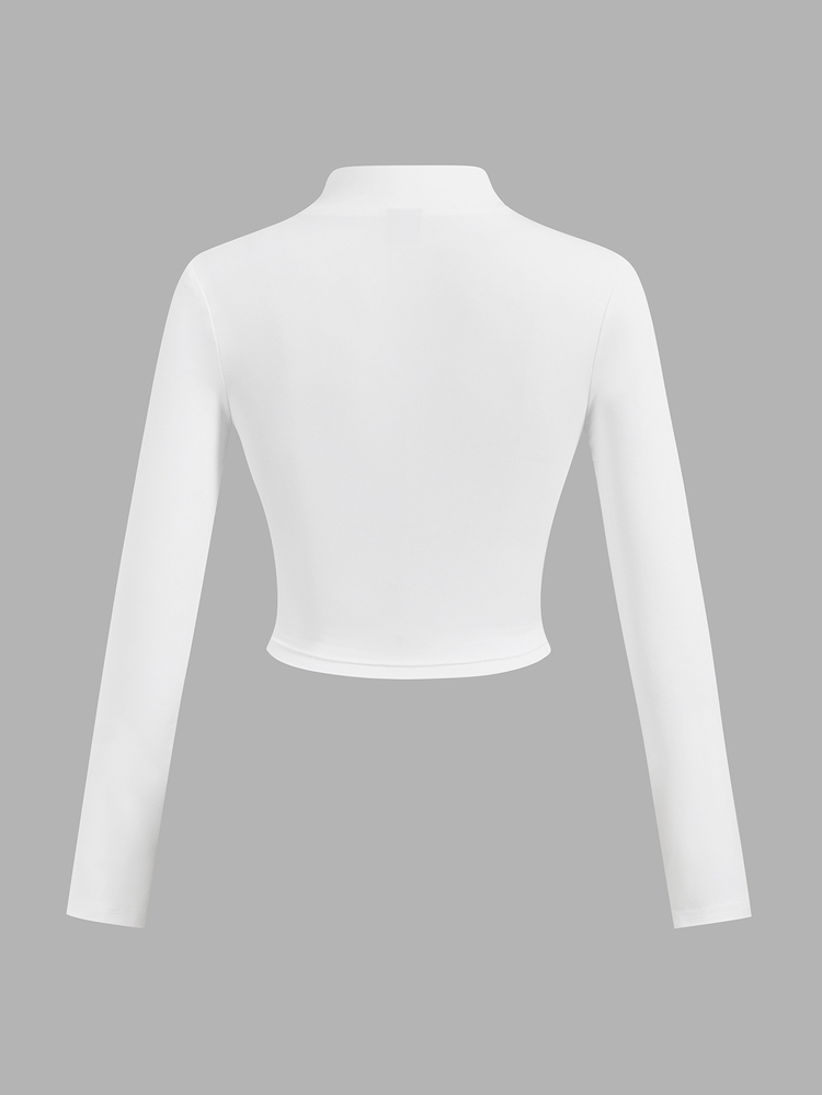 Slaydiva 2pcs/Set Women Simple Casual Autumn-Winter Stretchy T-Shirts With Half-Zip V-Neck And Tight Long Sleeves, White And Black - Multicolor - View 3