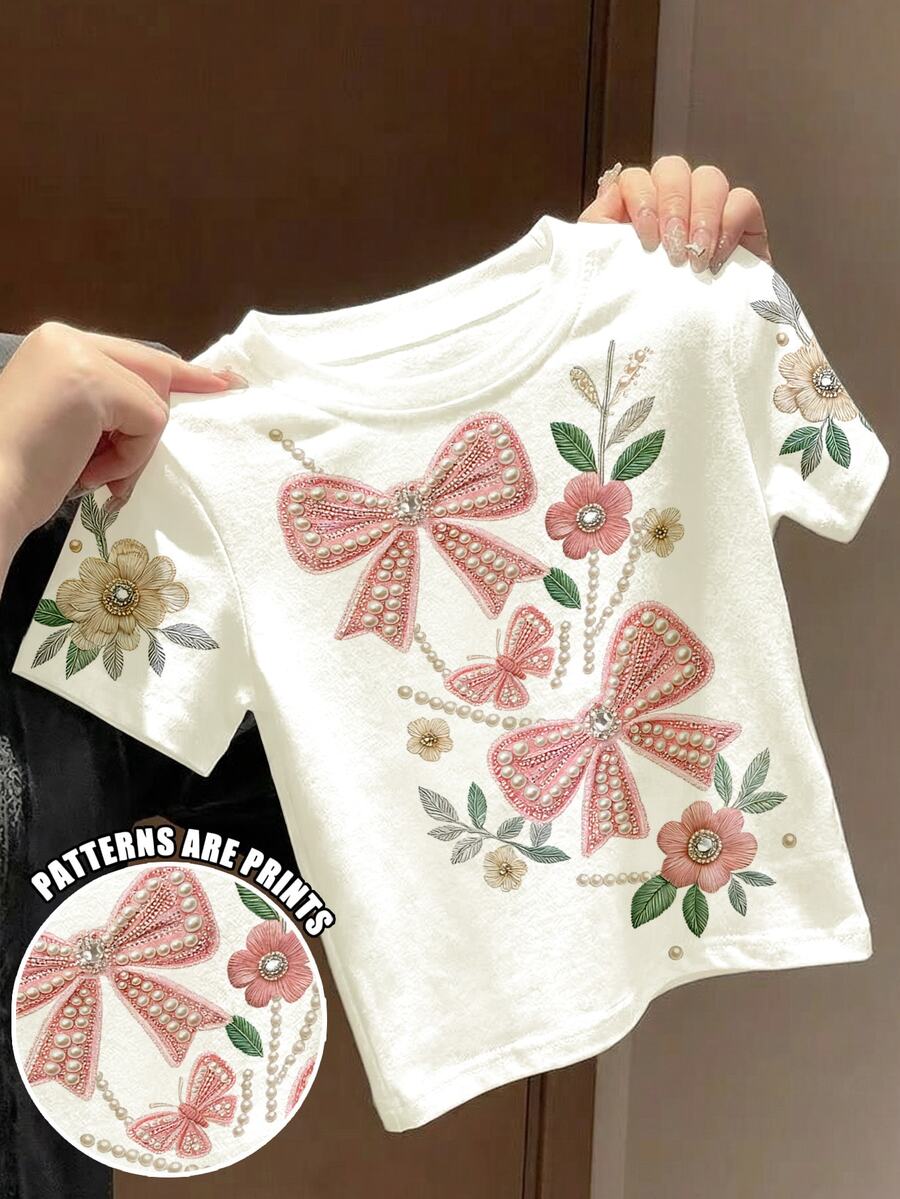 [印花設計] 少女白色夏季周歲生日T恤，粉色蝴蝶結壓花波西米亞野花印花圓領休閒上衣，復古植物自然風 - 彩色 - 查看 1