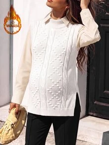 SHEIN كنزة صوفية صوفية محبوكة للحوامل، بقصة فضفاضة، بنمط ماسي محبوك بالكابل، تصميم حافة مشقوقة، للارتداء اليومي العادي، بلون موحد وياقة دائرية - بيج - مشاهدة 4