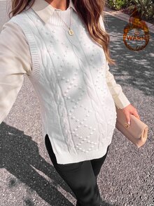 SHEIN كنزة صوفية صوفية محبوكة للحوامل، بقصة فضفاضة، بنمط ماسي محبوك بالكابل، تصميم حافة مشقوقة، للارتداء اليومي العادي، بلون موحد وياقة دائرية - بيج - مشاهدة 13
