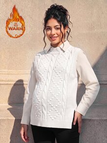 SHEIN كنزة صوفية صوفية محبوكة للحوامل، بقصة فضفاضة، بنمط ماسي محبوك بالكابل، تصميم حافة مشقوقة، للارتداء اليومي العادي، بلون موحد وياقة دائرية - بيج - مشاهدة 12