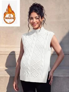 SHEIN كنزة صوفية صوفية محبوكة للحوامل، بقصة فضفاضة، بنمط ماسي محبوك بالكابل، تصميم حافة مشقوقة، للارتداء اليومي العادي، بلون موحد وياقة دائرية - بيج - مشاهدة 3