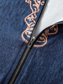 SHEIN LUNE [Denim Effect] 女款時尚牛仔效果印花拉鍊半開襟蕾絲拼接短袖洋裝 - 彩色 - 查看 4
