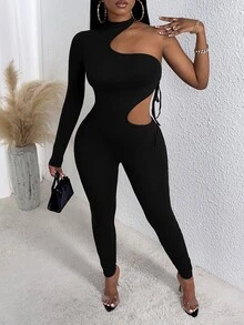 Slaydiva Women's Fashionable Sexy Solid Color Hollow Out Bodysuit - Black - View 4