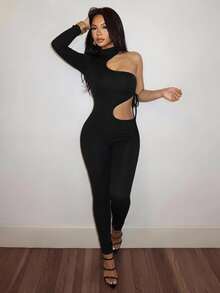 Slaydiva Women's Fashionable Sexy Solid Color Hollow Out Bodysuit - Black - View 1