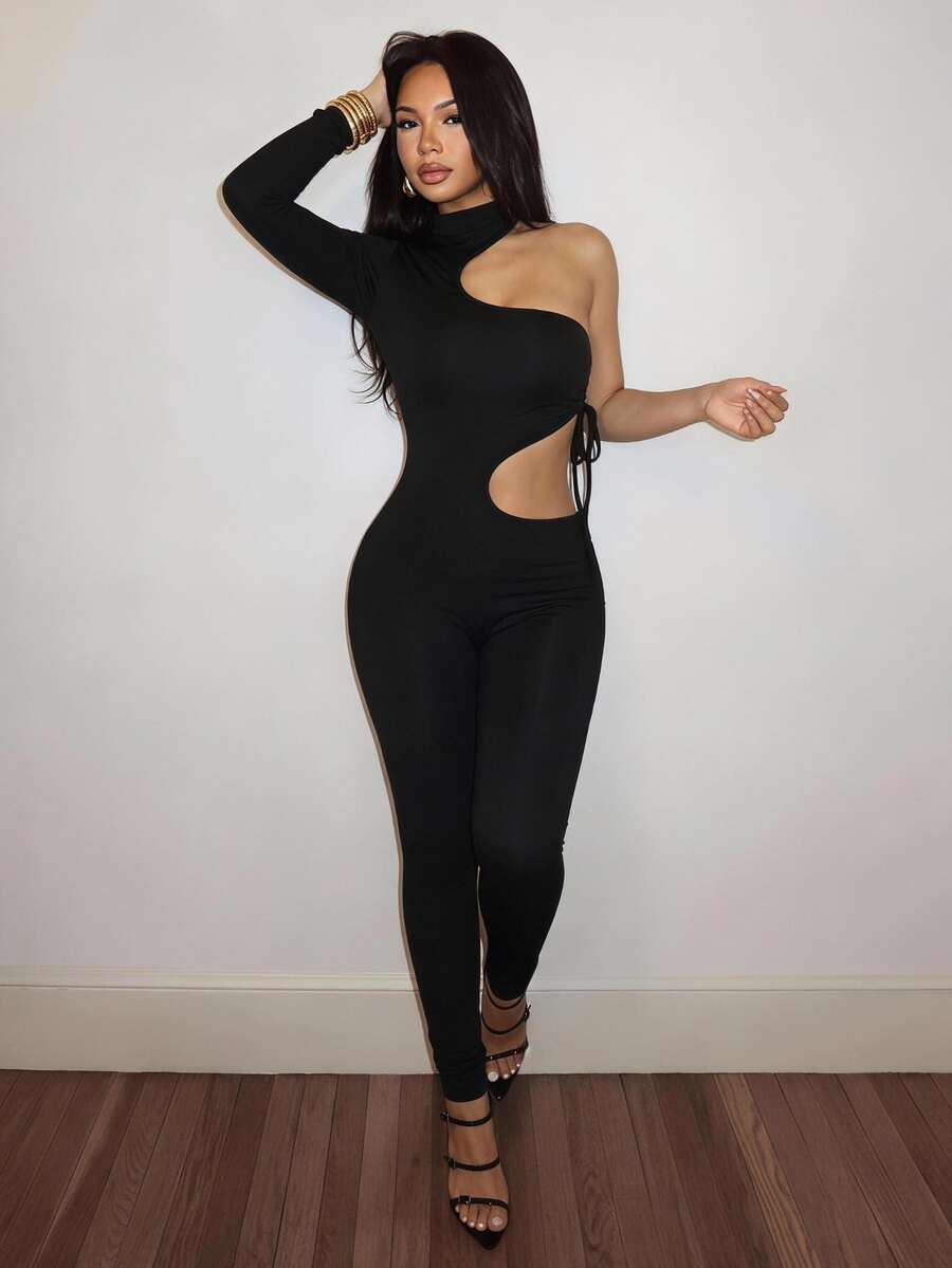 Slaydiva Women's Fashionable Sexy Solid Color Hollow Out Bodysuit - Black - View 1