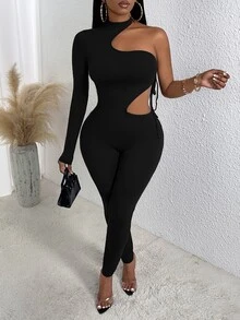 Slaydiva Women's Fashionable Sexy Solid Color Hollow Out Bodysuit - Black - View 3