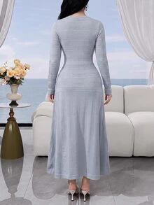 Feyla 女款優雅純色針織洋裝，秋冬款 - 淺藍色 - 查看 3