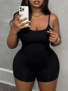 Slaydiva Plus Size Women Solid Color Sleeveless Jumpsuit - Black - View 4