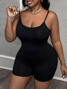 Slaydiva Plus Size Women Solid Color Sleeveless Jumpsuit - Black - View 5