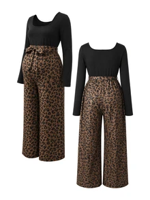 SHEIN جمبسوت كاجوال يومي للحوامل بطبعة نمر وتصميم باتشوورك - الأسود - مشاهدة 7